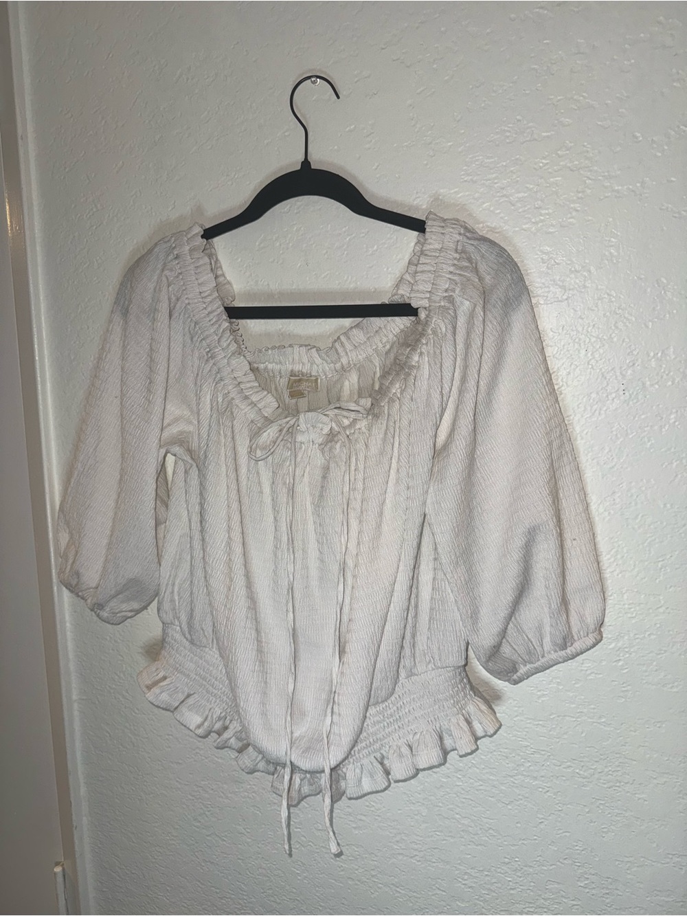 Michael Kors Cream Ruffle Peasant Blouse with Tie Neck